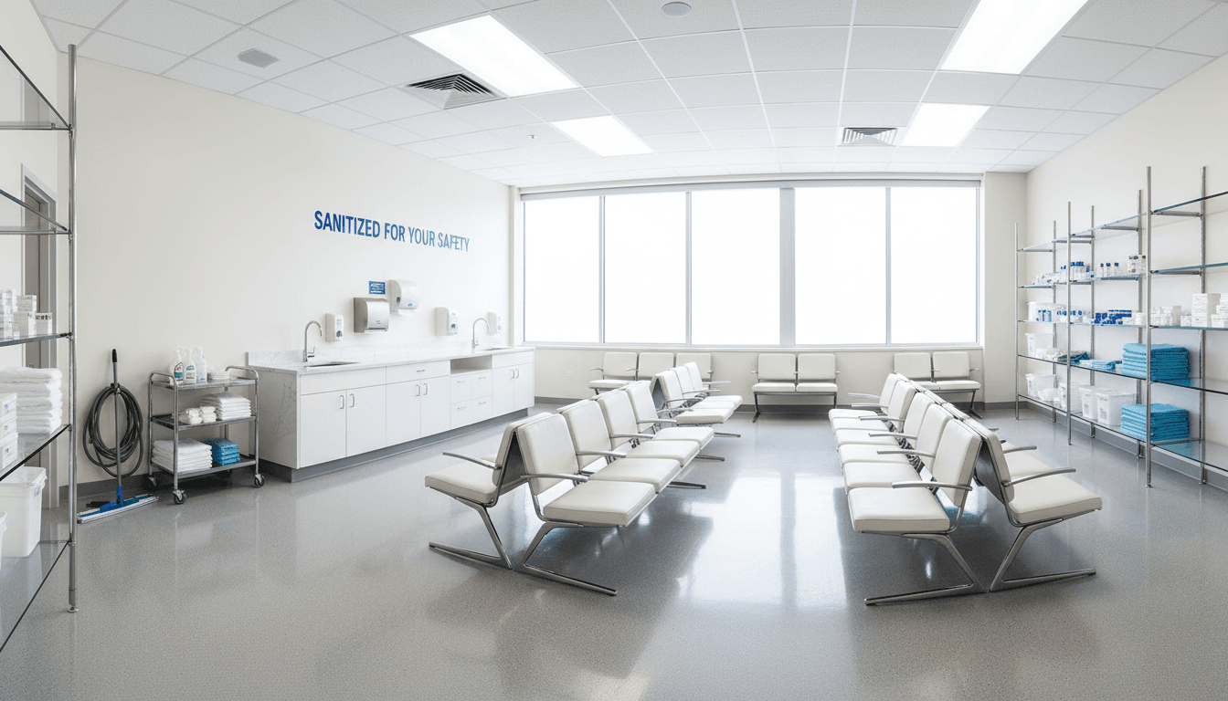 Spotless medical facility waiting room showing sanitized surfaces and organized equipment shelving